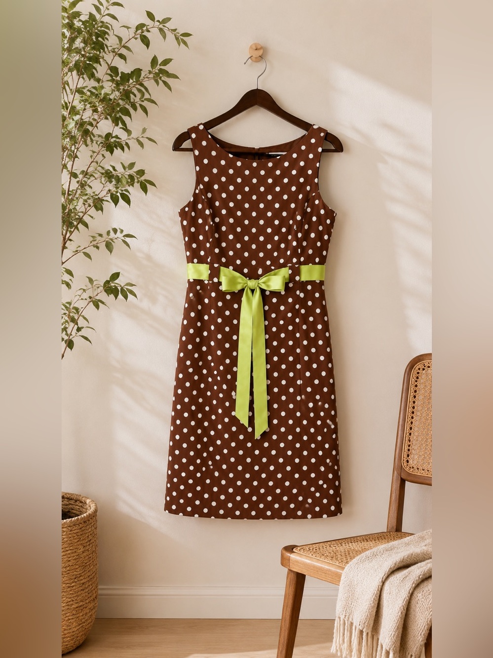 Dress Barn Brown Polka Dot Midi Dress with Lime Green Belt